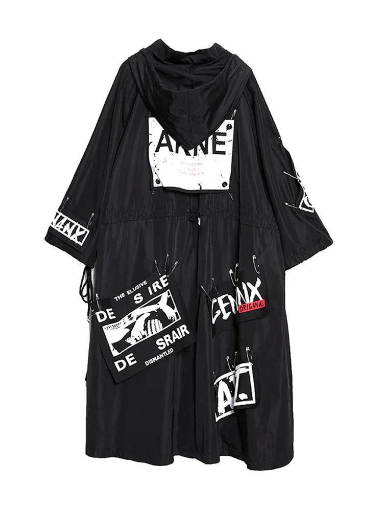 XITAO Spliced  Black Trench For Women Tide Long Print Streetwear Hoodie Casual Female Wide Waisted Coat 2019 ZLL1100