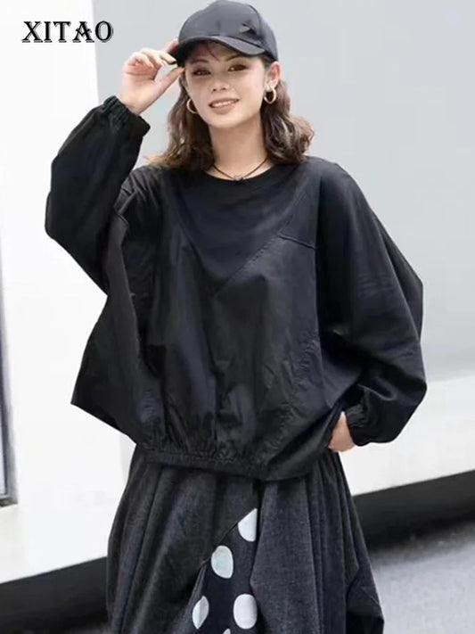 XITAO O-neck Full Sleeve Solid Color T-shirt Fashion Patchwork Irregular Loose Casual All-match Autumn Women New Top DMJ5012