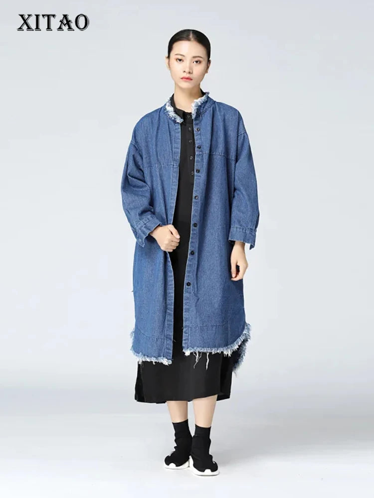 XITAO Cow Boy Style Loose Trench New Women Casual Solid Color Spring Batwing Sleeve Single Breasted Simplicity Long Coat KY655