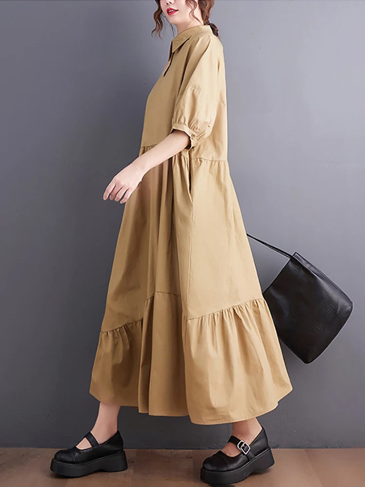 XITAO Loose Pleated Patchwork Dress Turn Down Collar Lantern Sleeve Solid Color Casual Korea Fashion Women New Dress LYD1755