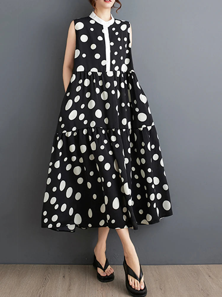 XITAO Print Sleeveless Stand Collar Dress Polka Dot Fashion Contrast Color Casual Loose All-match Pullover A-line Dress ZY8809