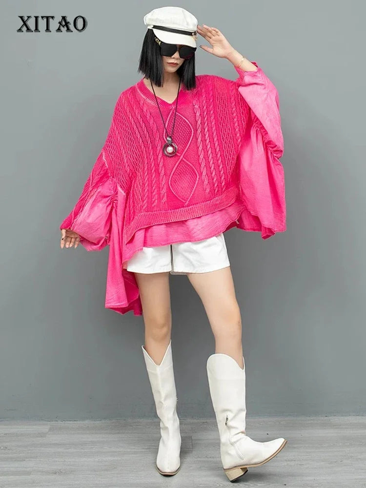 XITAO Loose Solid Color Patchwork Ruffle Sweater V-neck Batwing Sleeve Casual Small Design 2024 Autumn New Pullover GYX1027