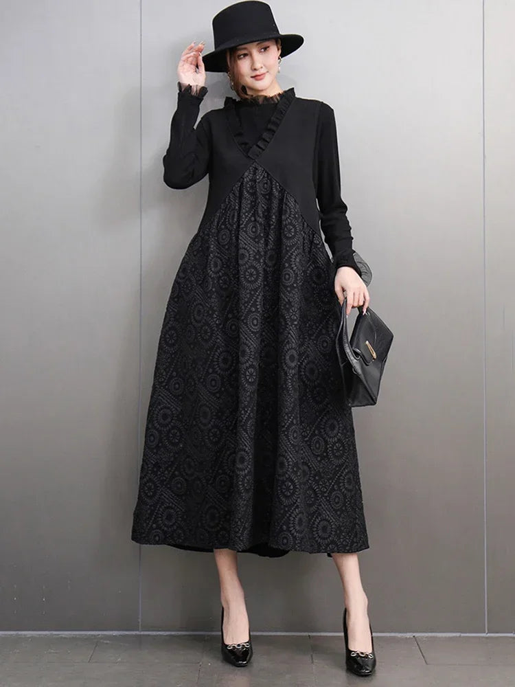 XITAO Casual Solid Color V-neck Mid-calf Sleeveless Pullover Black New A-line Patchwork Hong Kong Autumn Women Dress GMM1047