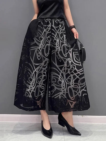 XITAO Patchwork Gauze Wide Leg Pants Temperament Print Goddess Fan Women Loose Simplicity Ankle-length Women Pants 2023 HQQ0818