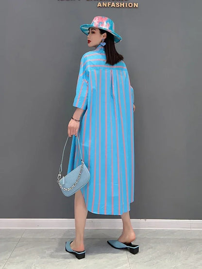 XITAO Contrast Color Striped Shirt Dress Fashion Bandage Splicing Loose Three Quarter Sleeve Casual New Trendy Dress WMD5205