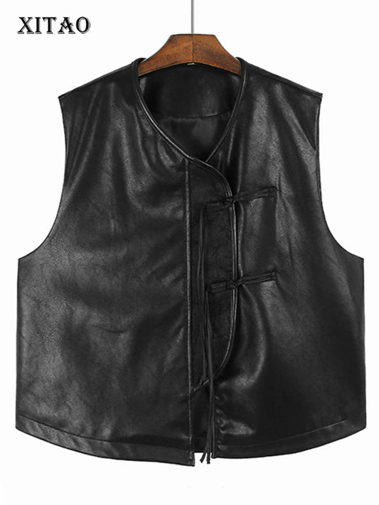 XITAO Vintage Pu Solid Color Vest V-neck Single Breasted Sleeveless Simplicity All-match 2024 Spring Women New Vest DMJ3889