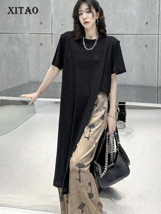 XITAO Irregular Pullover Grid Sheer Dress Slimming Fashion Simplicity Solid Color Street Trendy Personality Dress LYD1887