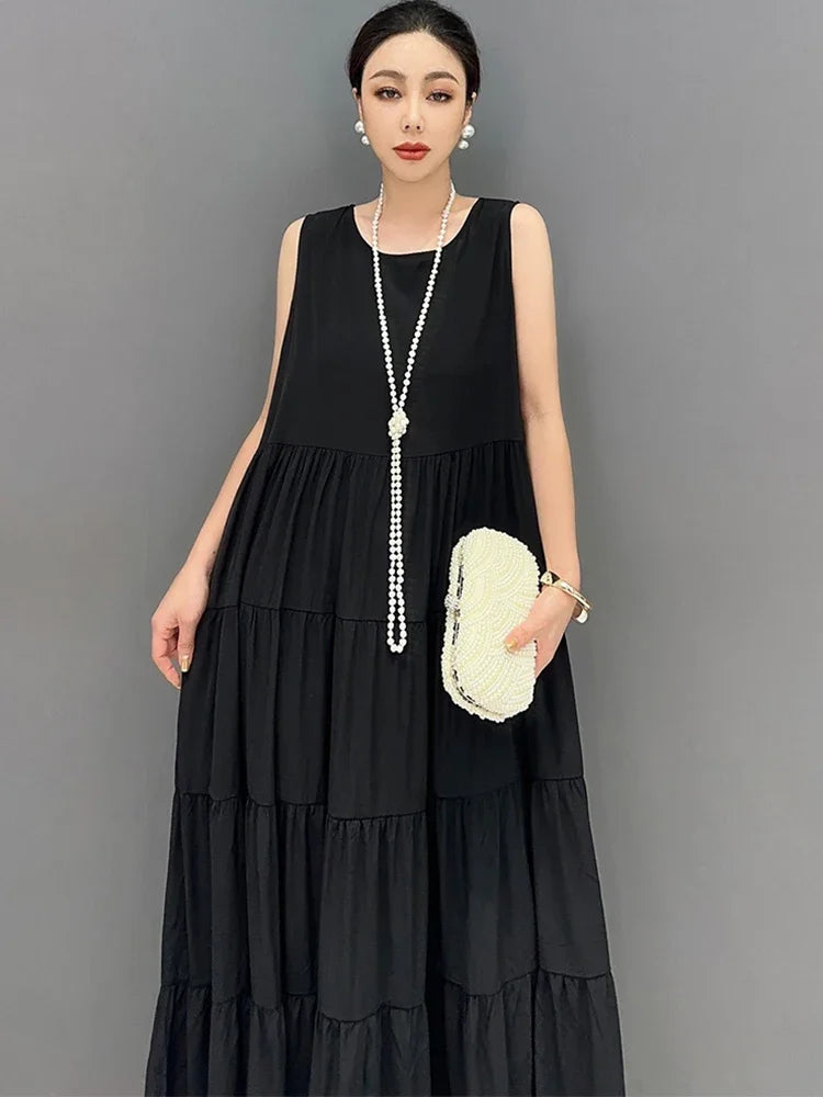 XITAO Sleeveless Loose Solid Color Pleated O-neck Dress Casual Fashion Women 2024 Summer New Pullover Simplicity Dress DMJ1898