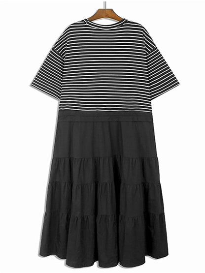 XITAO O-neck Striped Patchwork A-line Dress Drawstring Slimming Loose Casual Pullover Fashion Women New 2024 Dress DMJ4108