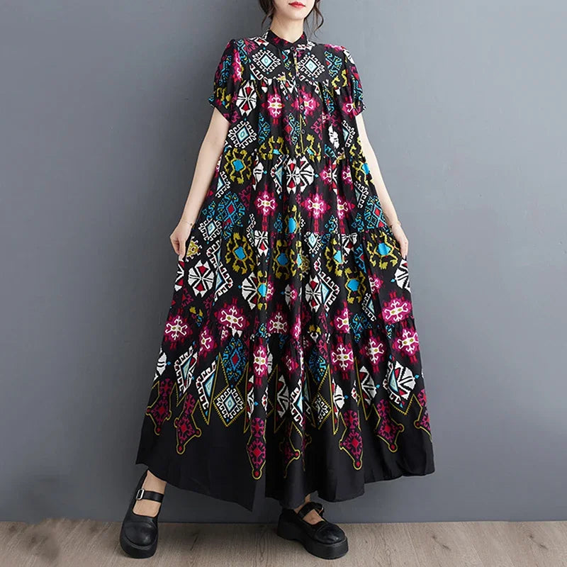 XITAO Casual Print Female Dress Fashion Stand Collar Pullover Women Summer New Arrival Appear Thin Temperament Dress DMJ1427