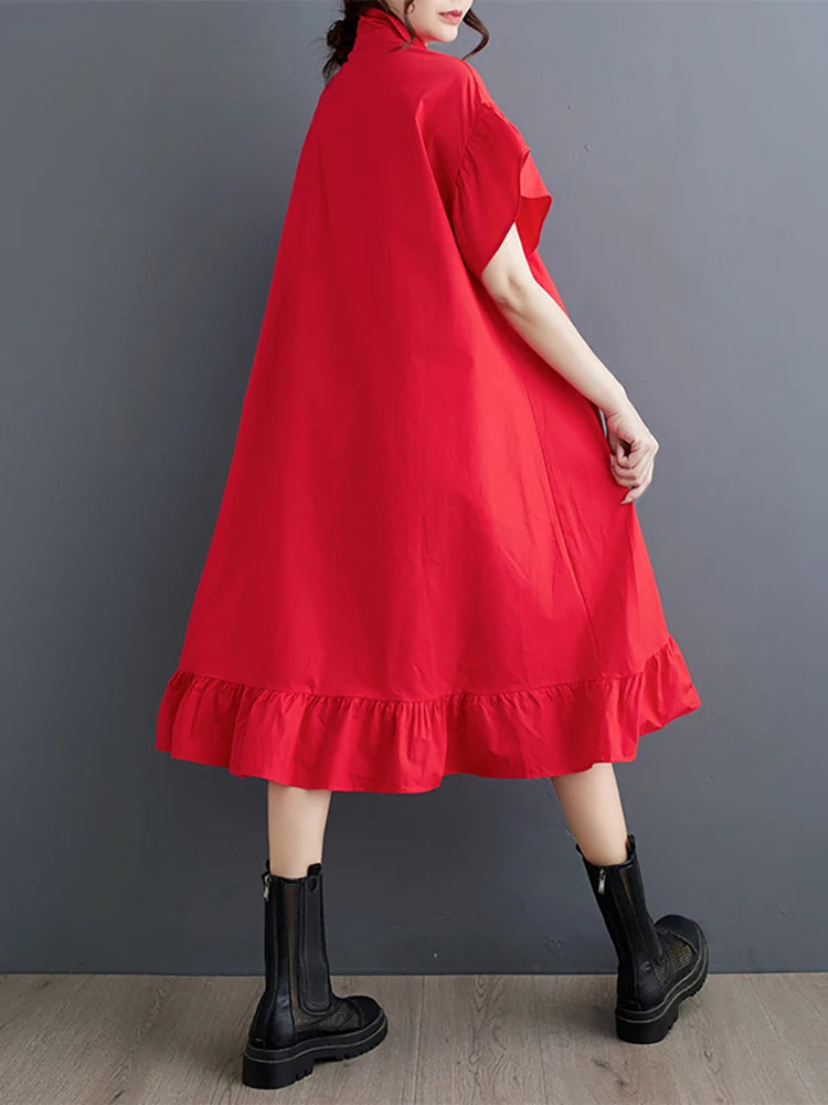 XITAO Three-dimensional Decoration Dress Flounced Edge Asymmetrical Turn-down Collar Single Breasted Shirt Dress Summer ZY8786