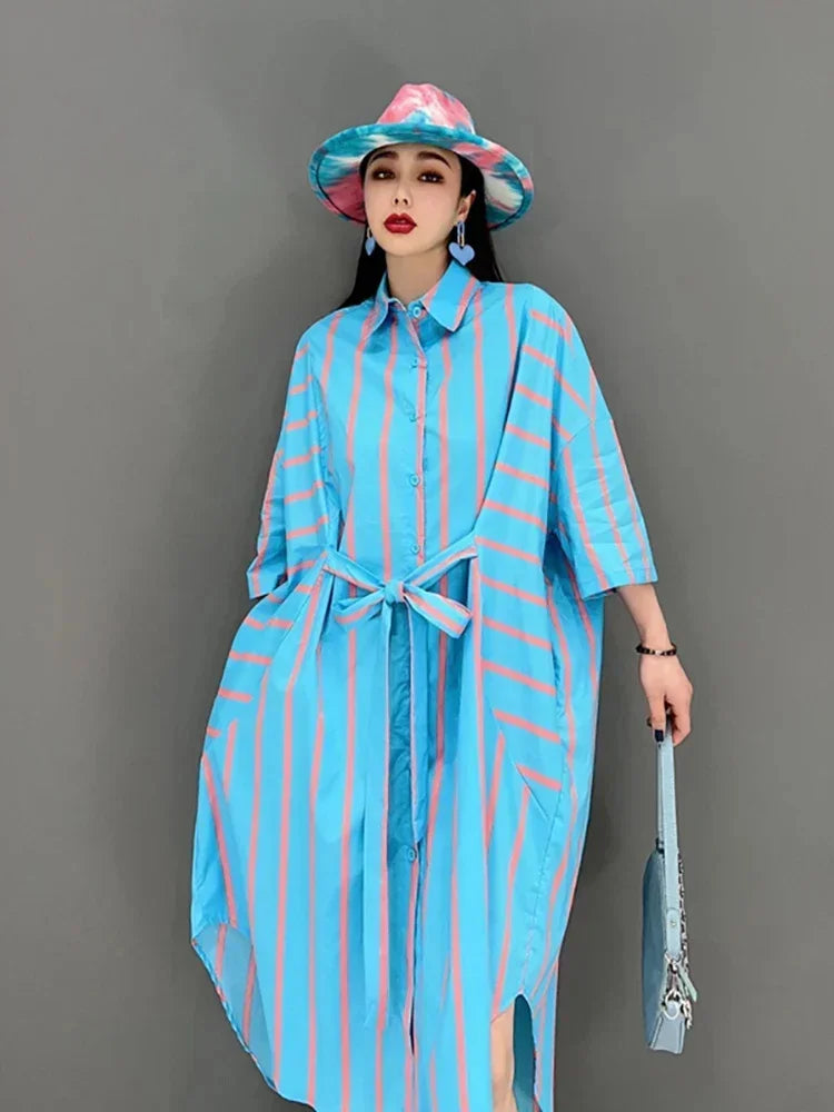 XITAO Contrast Color Striped Shirt Dress Fashion Bandage Splicing Loose Three Quarter Sleeve Casual New Trendy Dress WMD5205