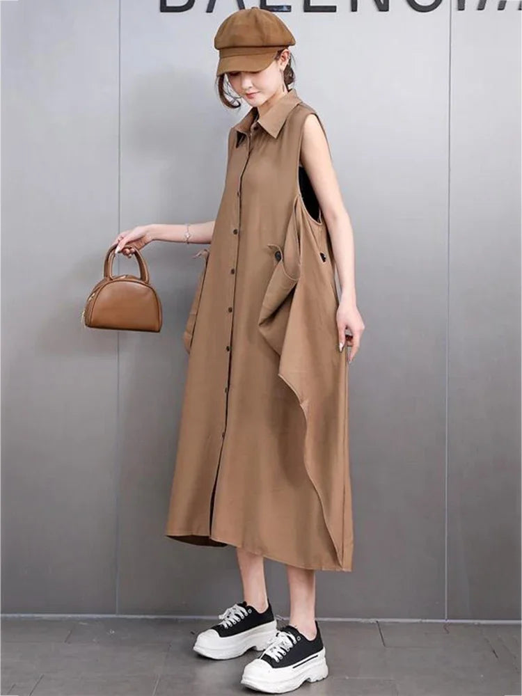 XITAO Pocket Sleeveless Dress Casual Solid Color A-line Loose Fitting Mid-calf Turn-down Color Simple Female Dress GMM1356