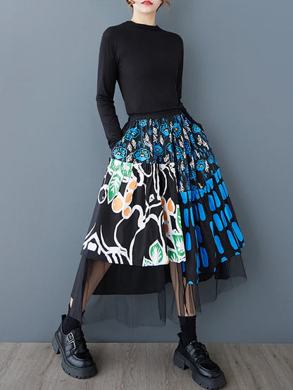 XITAO Gauze Patchwork Print Asymmetrical Skirt Elastic Waist Loose Fashion Slimming All Match Skirts Autumn New GMM1204