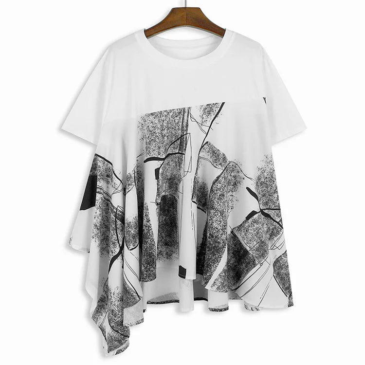 XITAO Print Patchwork Asymmetrical T-shirts O-neck Loose Short Sleeve Loose Slimming Casual Tops 2024 Summer New GJ1020