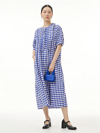 XITAO Plaid Casual Dress Women Korea Summer New Arrival Personality Fashion Loose Peter Pan Collar Short Sleeve Dress WMD6127