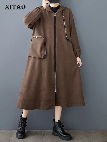 XITAO Fashion Casual Loose Solid Color Irregular Coat A-line Full Sleeve Jacket Zipper Autumn 2024 New Female Trench GMM1003