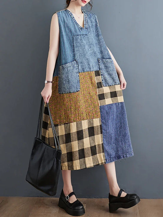 XITAO Sleeveless Denim Plaid Dress Fashion Simplicity V-neck Pullover Vintage Patchwork Dress Summer New Women HQQ1088