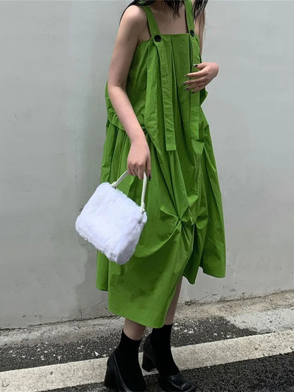 XITAO Pleated Dress Irregular Goddess Fan Pullover Solid Color Sleeveless 2024 Summer Minority Loose Pullover Dress WLD7356