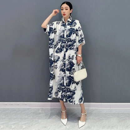 XITAO Loose Print Shirt Dress Fashion Contrast Color Women Summer New Casual Elegant Single Breasted Temperament Dress ZY8767