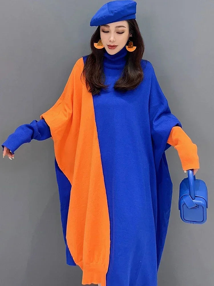 XITAO Loose Knitting Dress Full Sleeve Turtleneck Fashion Patchwork Contrast Color Irregular Autumn Women New Dress DMJ2792