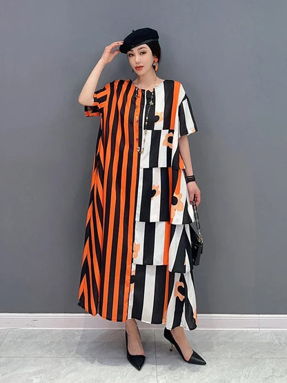 XITAO Asymmetrical Striped Print Dress Loose Fashion Contrast Color Loose Simplicity O-neck Pullover T-shirt Dress ZY8453