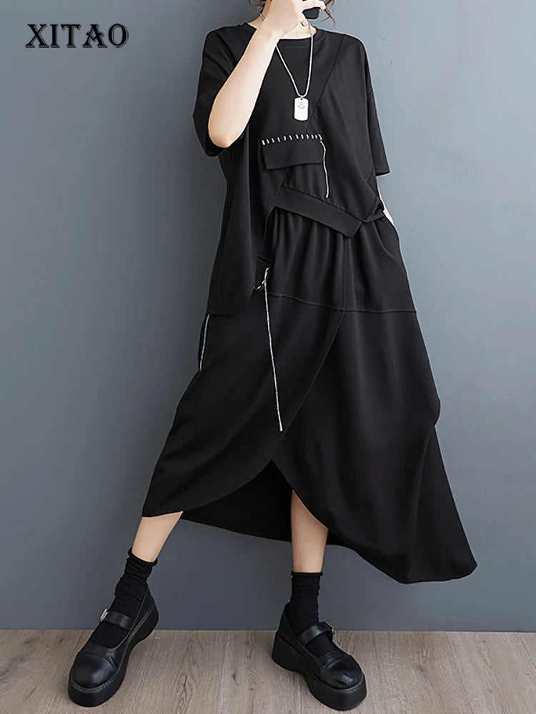 XITAO Asymmetrical Patchwork O-neck Dress Sets Short Sleeve Pullover Tops Elastic Waist Mid-calf Skirt 2024 Summer New ZY8756