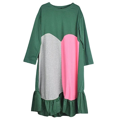 XITAO Loose Casual Dress Full Sleeve Asymmetrical Patchwork Fashion Contrast Color Women New All-match Dress DMJ2787