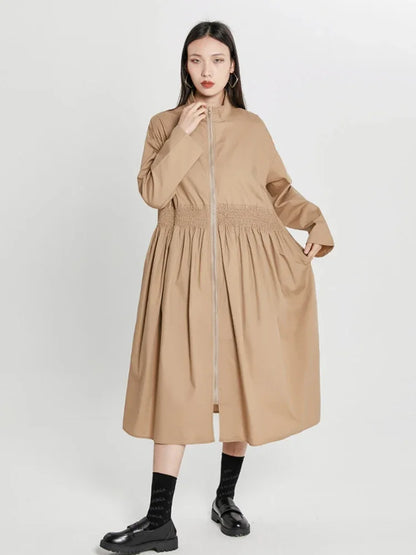 XITAO Solid Pleated Trench Women Summer New Arrival Personality Fashion Loose Turtleneck Full Sleeve Trench WLD6897