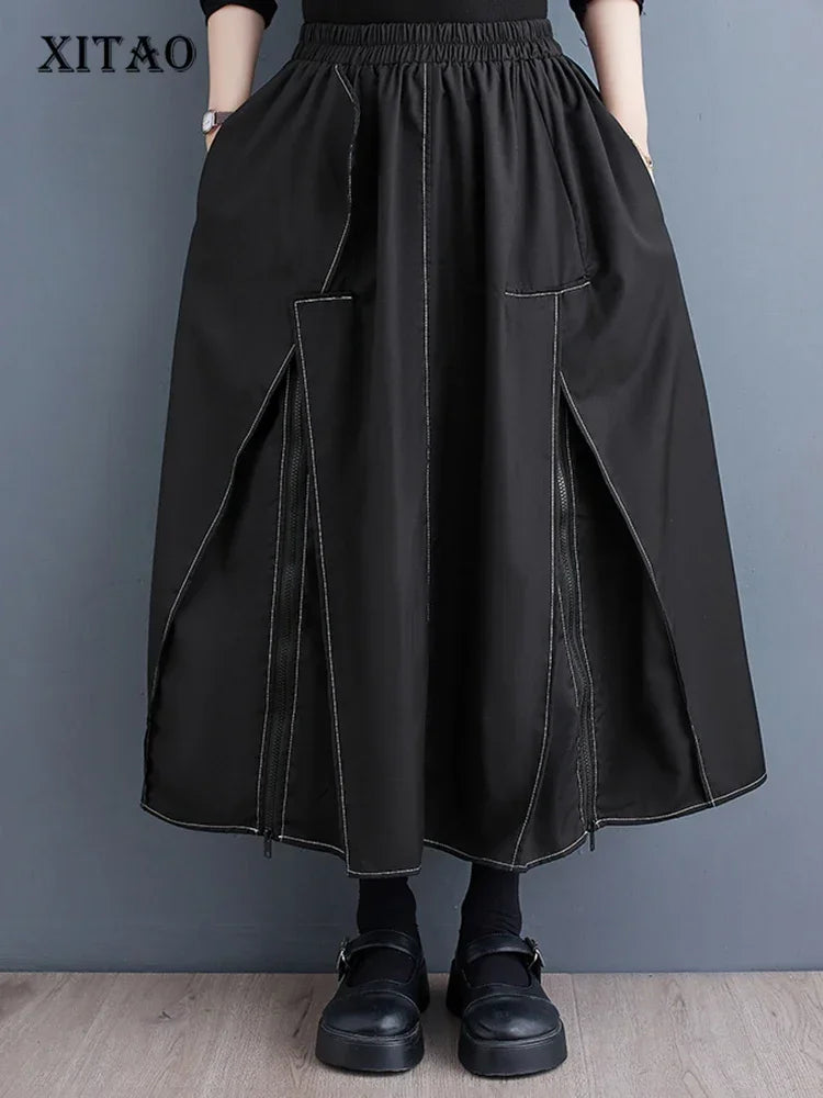 XITAO Asymmetrical Skirt Personality Zipper Simplicity Exposed Line Decoration A-line Spring Summer Tulle Skirt LYD1227