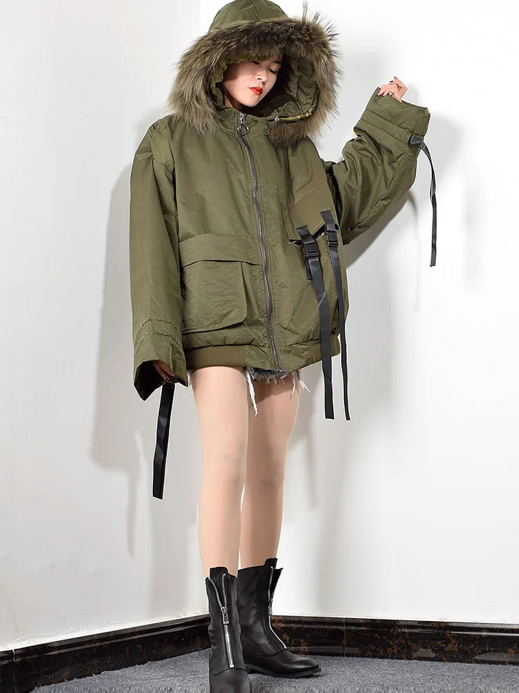 XITAO Korean Style Winter Coat Women Ribbon Pocket Short Parka Trend Hooded Zipper Tops Loose Women Clothes XJ3234