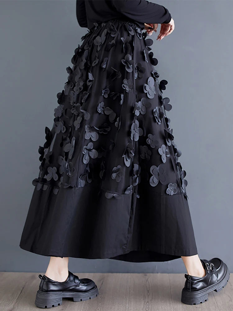 XITAO Korea Patchwork Women A-line Skirt Elastic Waist Flower New Autumn 2024 Female Ankle Length Black Splicing Skirt LJ1066