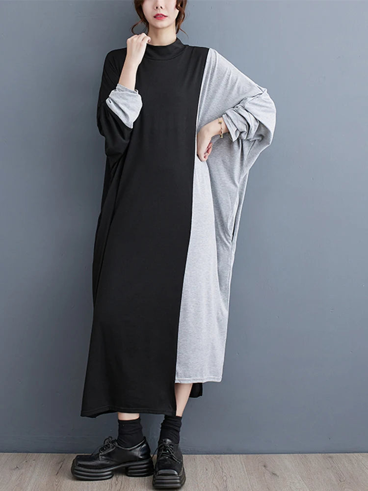 XITAO Casual Patchwork Contrast Color Batwing Sleeve Dress Half High Collar A-line Autumn 2024 New Arrival Women Dress ZYY1055