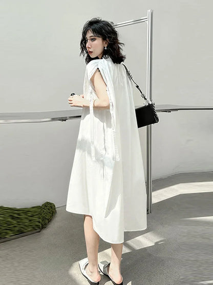 XITAO White Black Dress Pullover Full Sleeve Goddess Fan Casual Elegant Solid Color Pleated Bow Casual Style Dress WLD16116