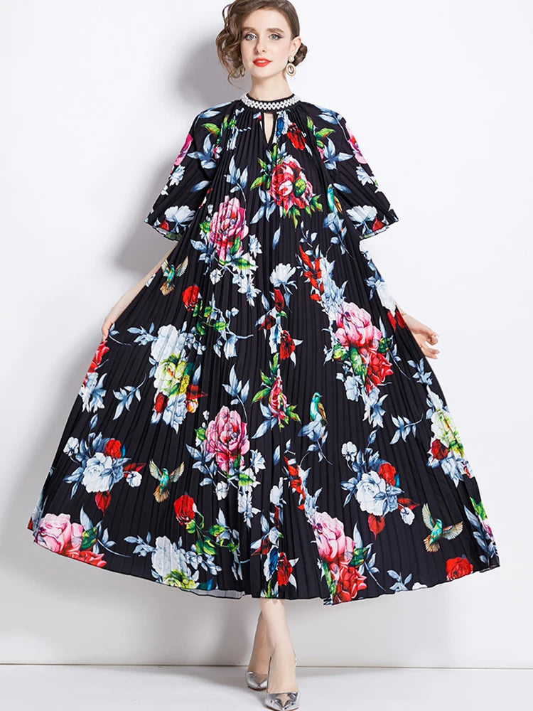 XITAO Pleated Print Floral O-neck Dress Pearl Fashion Half Sleeve Temperament Fashion Summer New Arrival Personality LYD1869