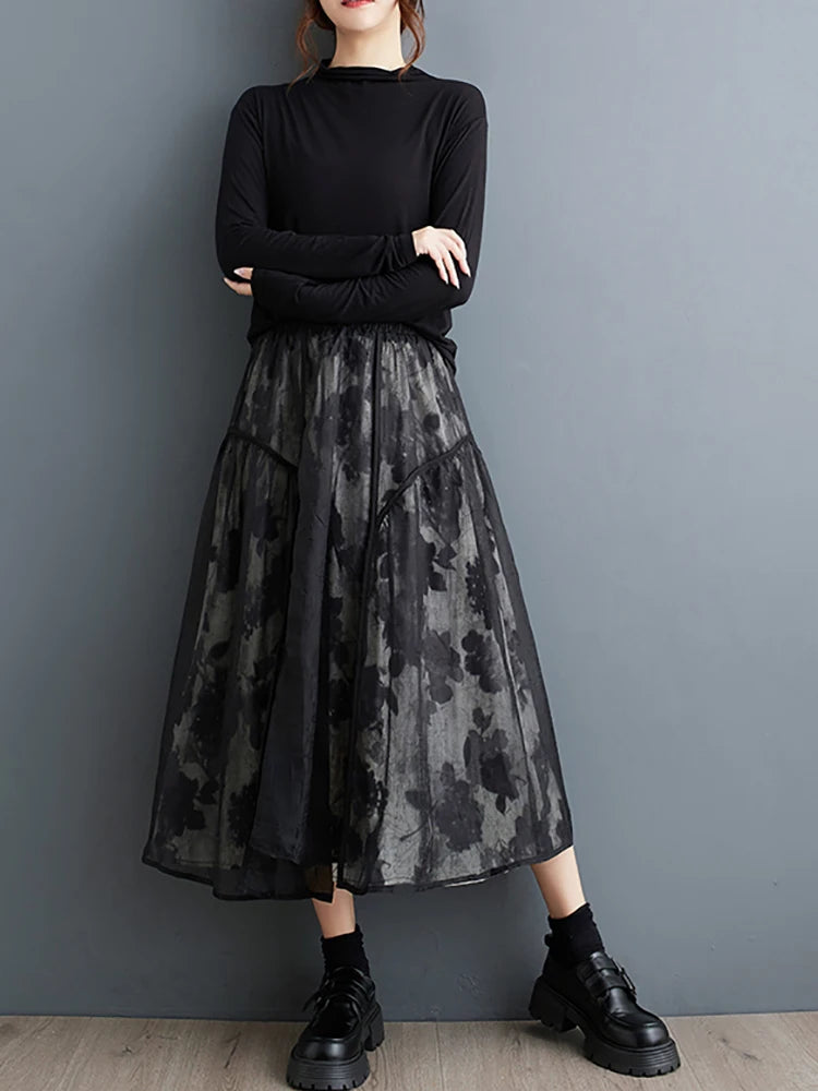 XITAO Gauze Patchwork Print Fashion Skirts Elastic Waist Loose A-line Mid-calf Casual All Match Skirts 2024 Autumn New ZY8915