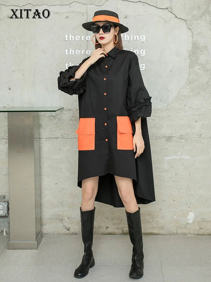 XITAO Fashion Shirt Dress Loose Contrast Color Patchwork Pocket Casual Irregular Hem Simplicity Turn-down Collar Women GWJ2290