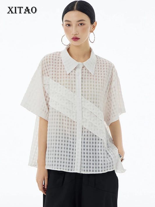 XITAO Irregular Patchwork Solid Color Women Shirt Grid Short Sleeve Casual New All-match Women Simplicity New Shirt WLD20218