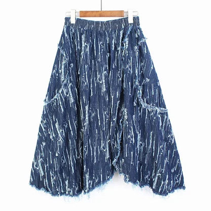 XITAO Irregular Skirt Fashion Print Pattern Elastic Waist Goddess Fan Pleated Spring Minority Pocket Loose Skirt ZY7970