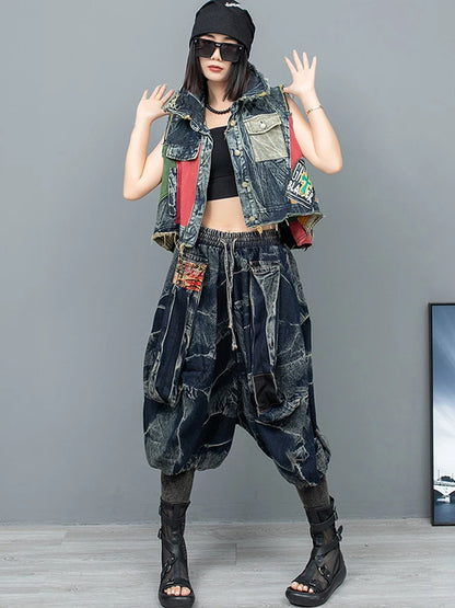 XITAO Denim Pants Sets Personality Fashion Irregular Contrast Color Patchwork Vest Calf-length Pants Two Pieces Sets LYD1878