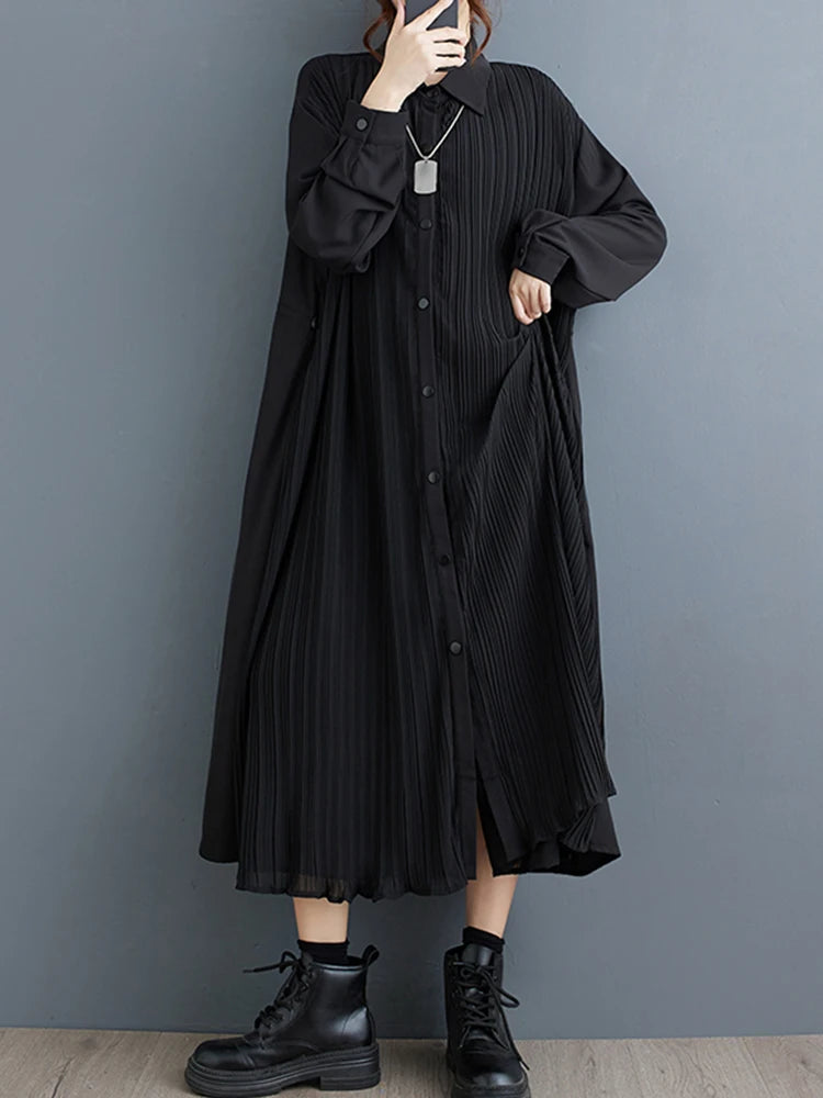 XITAO Full Sleeve Solid Color Patchwork Pleated A-line Dress Loose Fashion Slimming Casual Women Autumn Women Dress ZY8905