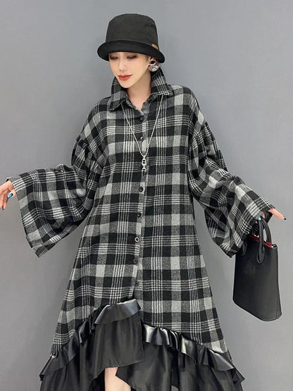 XITAO Asymmetrical Plaid Patchwork Gauze Dress Single Breasted Turn-down Collar Flare Sleeve Slimming 2024 Autumn New LJ1054