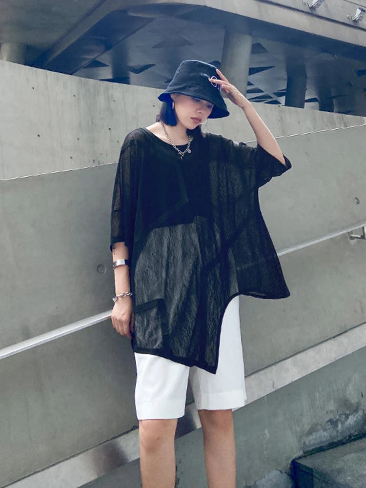 XITAO Patchwork Ribbons Irregular Perspective T Shirt Women 2020 Summer Trendy Fashion New Sun-proof O Neck Collar Top DZL1184