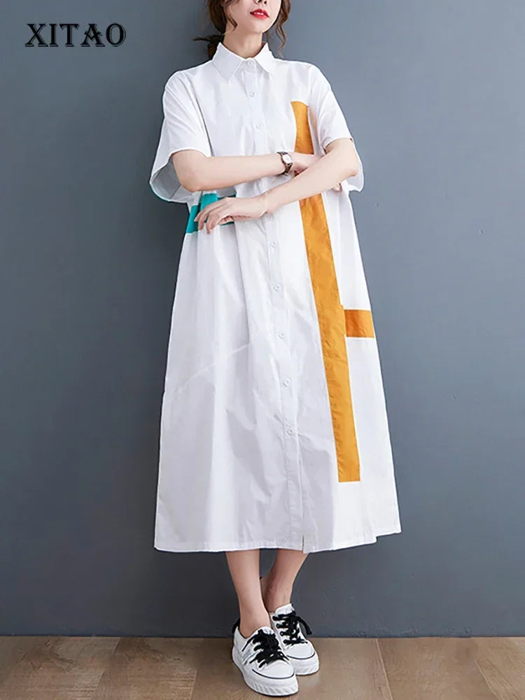 XITAO Simplicity Casual Shirt Dress Loose Fashion Contrast Color Patchwork Bat Wing Sleeve Shirt Dress Summer New WLD13734