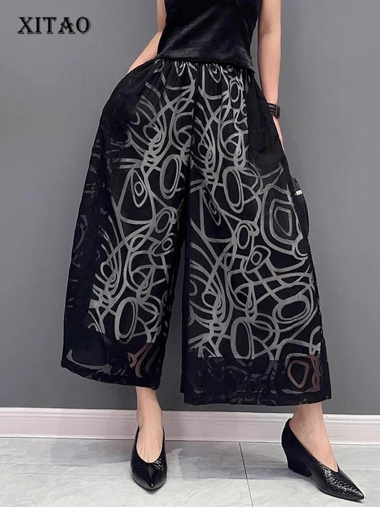 XITAO Patchwork Gauze Wide Leg Pants Temperament Print Goddess Fan Women Loose Simplicity Ankle-length Women Pants 2023 HQQ0818