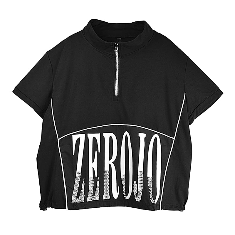 XITAO Letter Zipper Patchwork Stand Collar T-shirts Solid Color Pullover Short Sleeve Loose Casual Tops New ZY8796