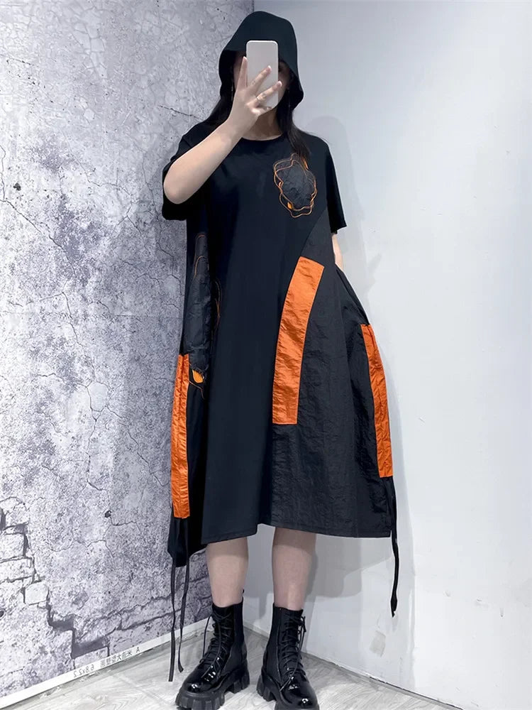 XITAO Casual Patchwork Print Dress Black 2024 Summer New Loose Fashion Temperament Korea Appear O-neck Pullover Dress WLD11248