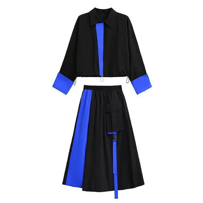 XITAO Contrast Color Patchwork Dress Sets Zipper Turn-down Collar Tops Elastic Waist Pocket Mid-calf Casual Skirts Autumn LJ1025