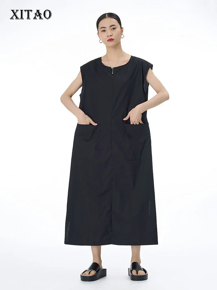 XITAO Sleeveless Long Style Women Dress Solid Color Simplicity Fashion Temperament O-neck Collar Women Summer New Dress HQQ0629