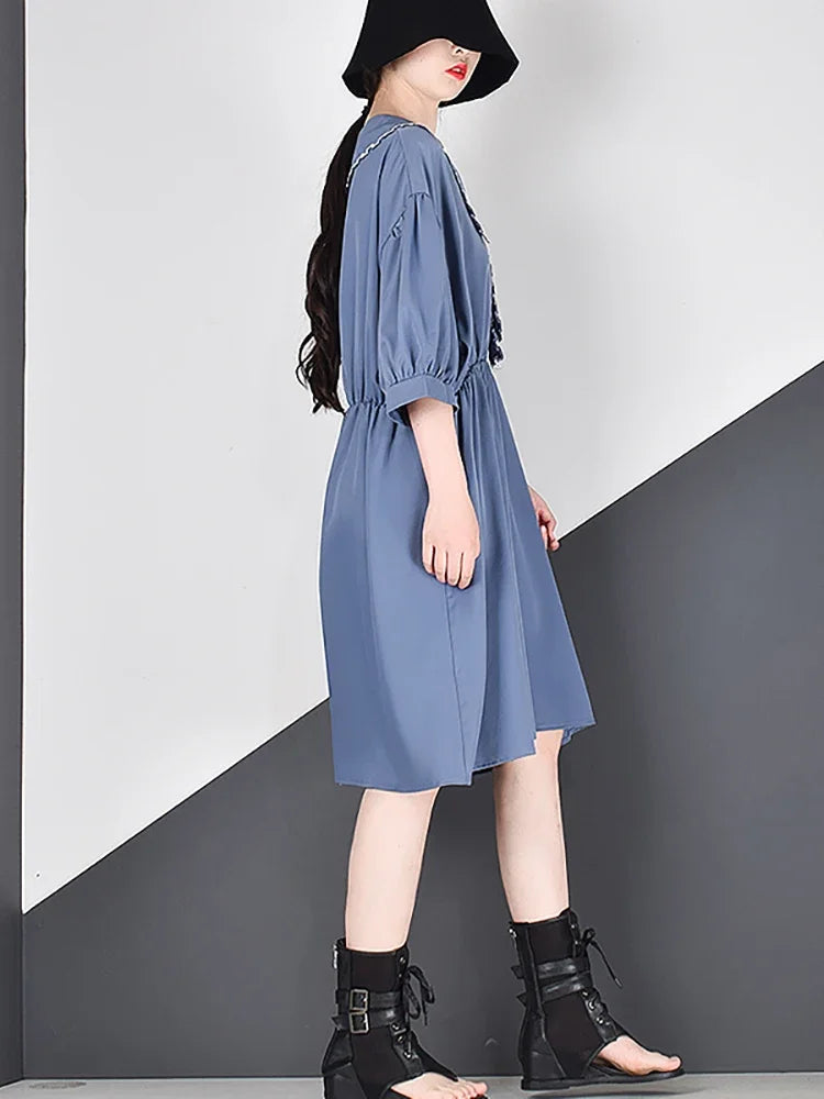 XITAO Tide Pleated Plus Size Elegant Dress Women Clothes Summer New Loose Casual Sailor Collar Casual Dress Top ZLL5296